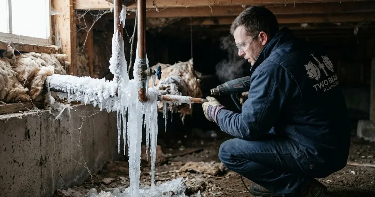 Frozen pipe with frost buildup in an Aurora, CO home during winter