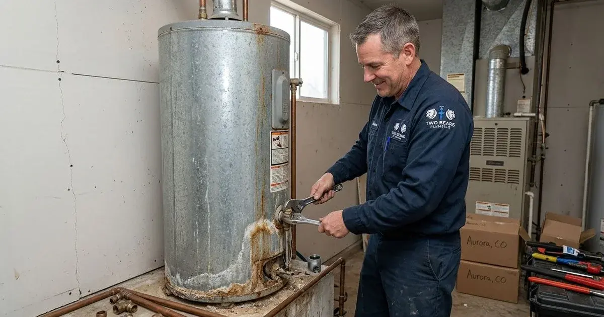 Old tank water heater with rust stains at the base in an Aurora, CO home utility room