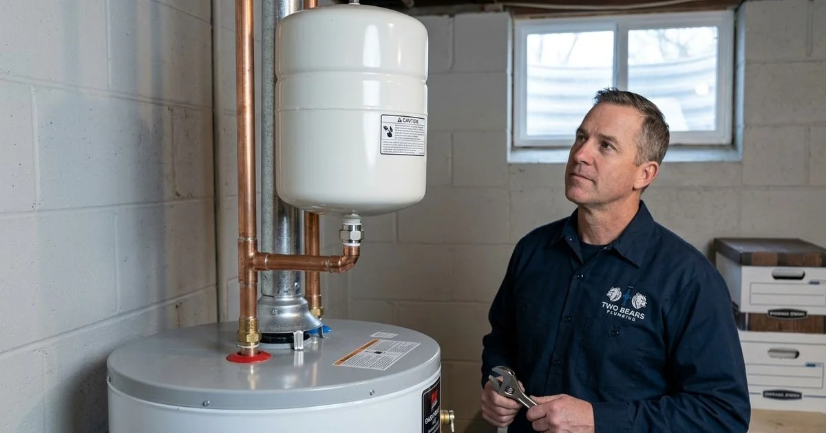 Expansion tank installed on a water heater in an Aurora, CO home